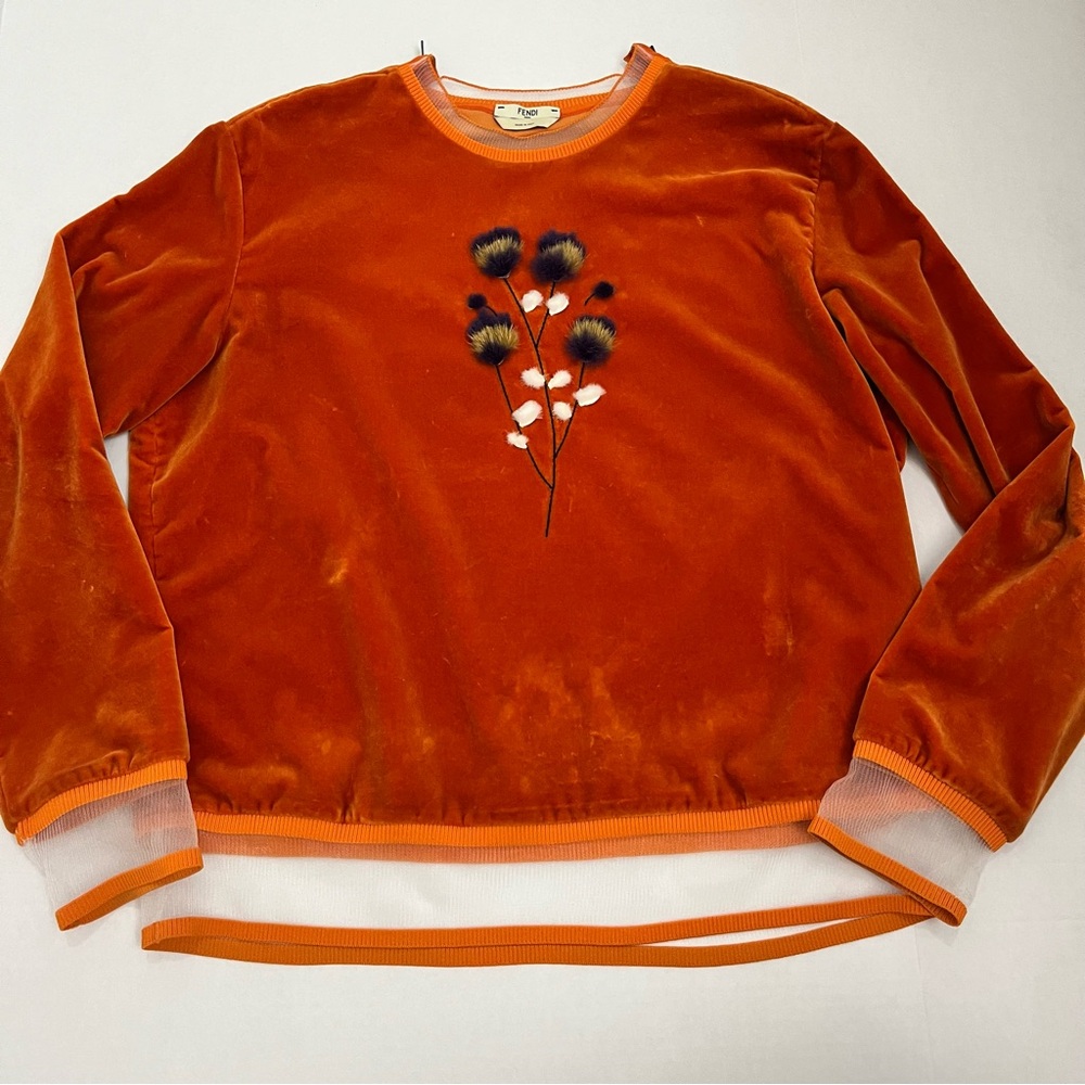 FENDI Crushed Velvet and Fur Floral Long Sleeve Shirt Size EU 44 or US 8